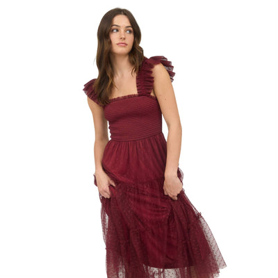 Blu Pepper Polka Dot Chiffon Smocked Tiered Midi Dress CR2488