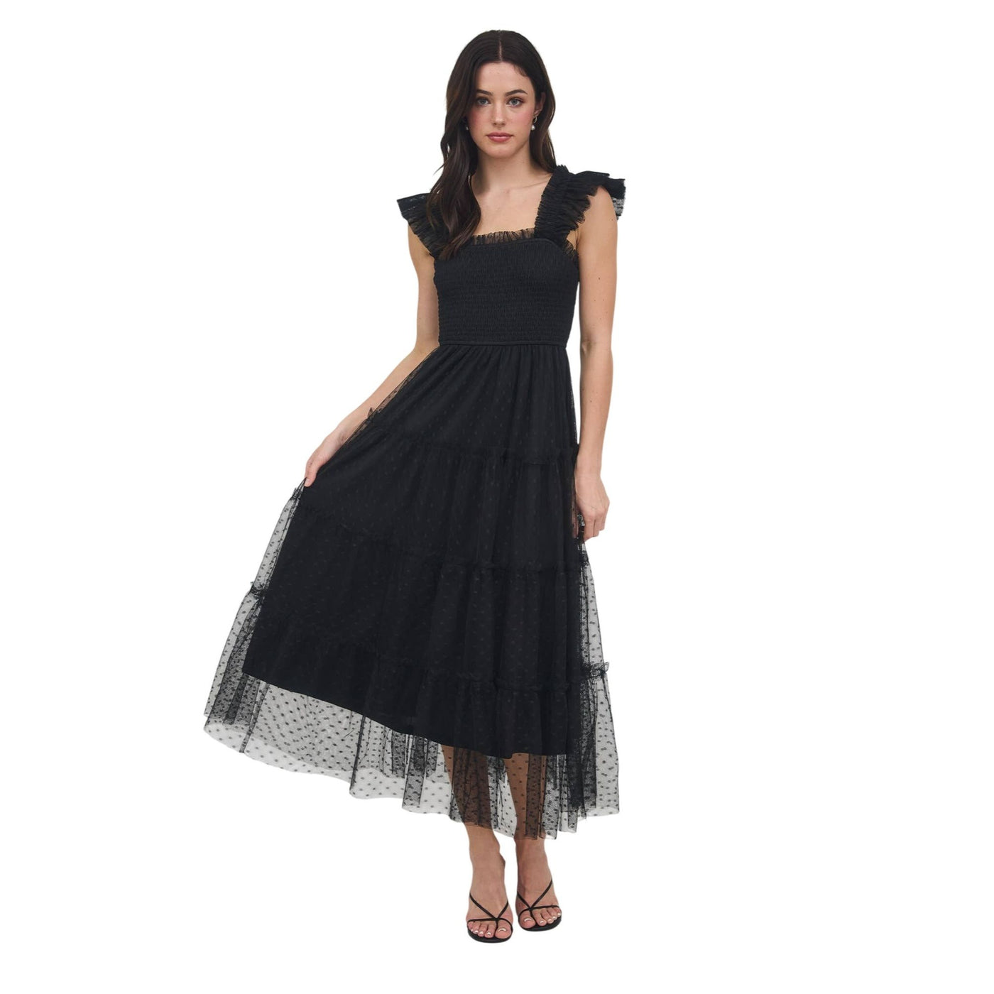 Blu Pepper Polka Dot Chiffon Smocked Tiered Midi Dress CR2488