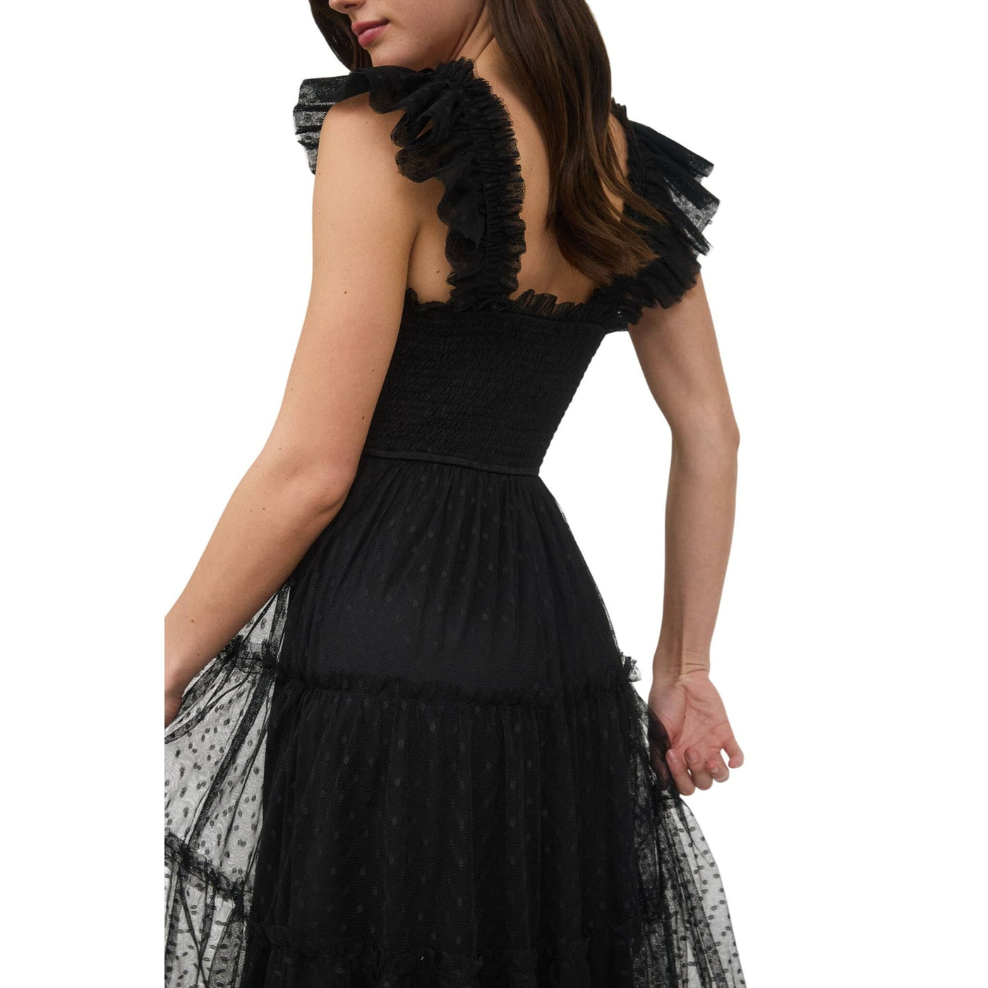 Blu Pepper Polka Dot Chiffon Smocked Tiered Midi Dress CR2488