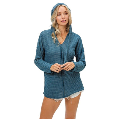 Bibi 2Tone Waffle Stitched V-Neck Teal Hoodie BT1873D-22