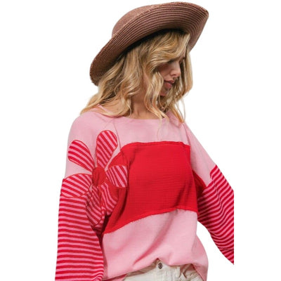 Bibi Pink Long Sleeve Color Block Stripe Flower Top IT1737R-01_2