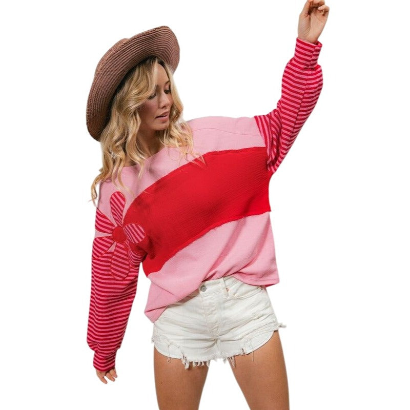 Bibi Pink Long Sleeve Color Block Stripe Flower Top IT1737R-01_2