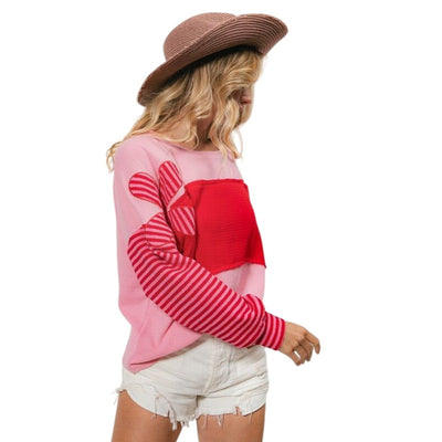 Bibi Pink Long Sleeve Color Block Stripe Flower Top IT1737R-01_2