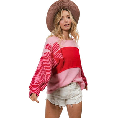 Bibi Pink Long Sleeve Color Block Stripe Flower Top IT1737R-01_2