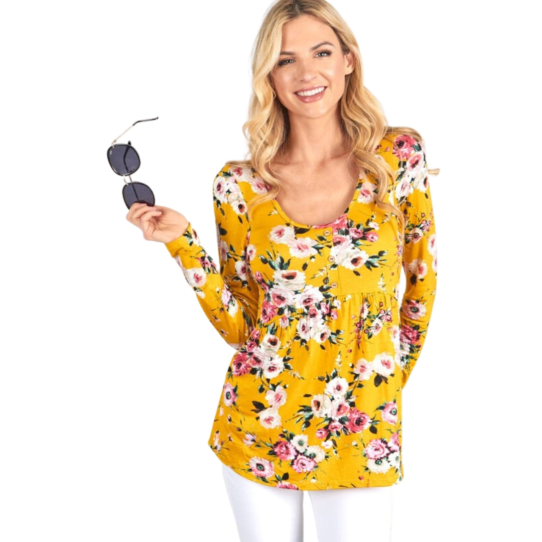 P. S KATE Floral Long Sleeve Mustard Yellow Babydoll Top P15671