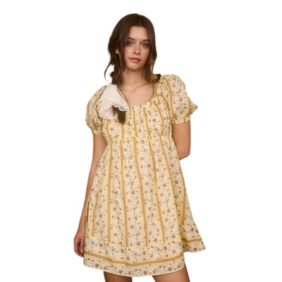 Blu Pepper Floral Stripe Pattern Short Puff Sleeve Mini Dress B5SD1071