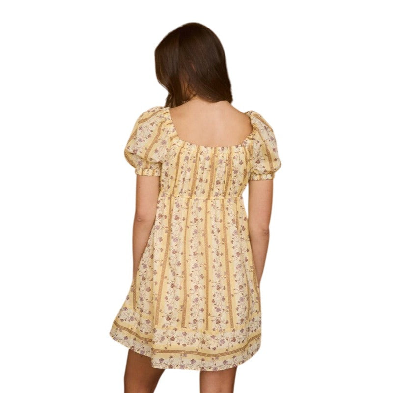 Blu Pepper Floral Stripe Pattern Short Puff Sleeve Mini Dress B5SD1071