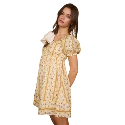 Blu Pepper Floral Stripe Pattern Short Puff Sleeve Mini Dress B5SD1071