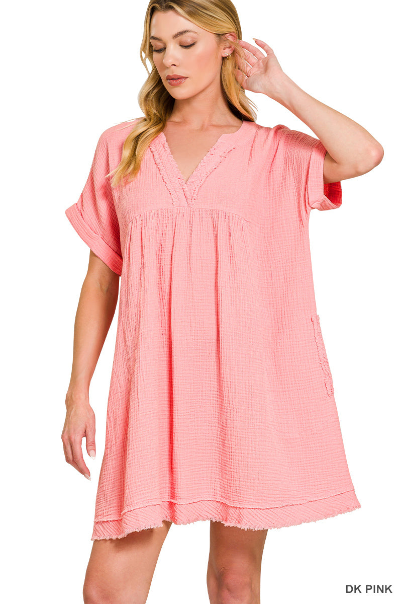 Zenana Washed Double Gauze Raw Edge V-Neck DRESS QD-1224D4