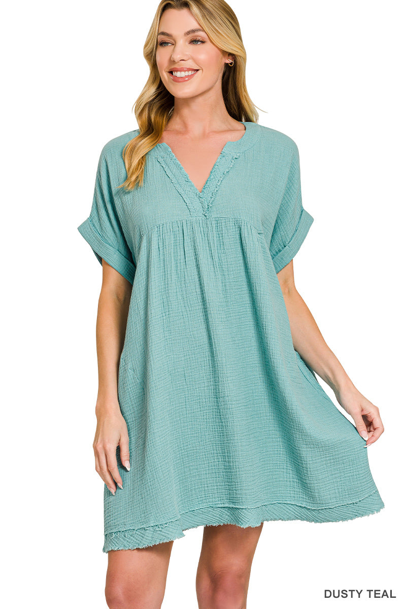Zenana Washed Double Gauze Raw Edge V-Neck DRESS QD-1224D4