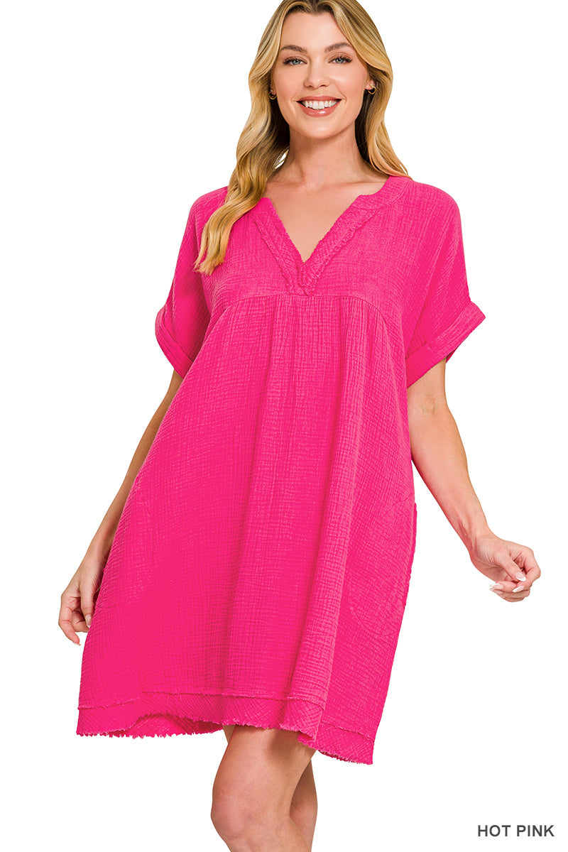 Zenana Washed Double Gauze Raw Edge V-Neck DRESS QD-1224D4  dalia + jade