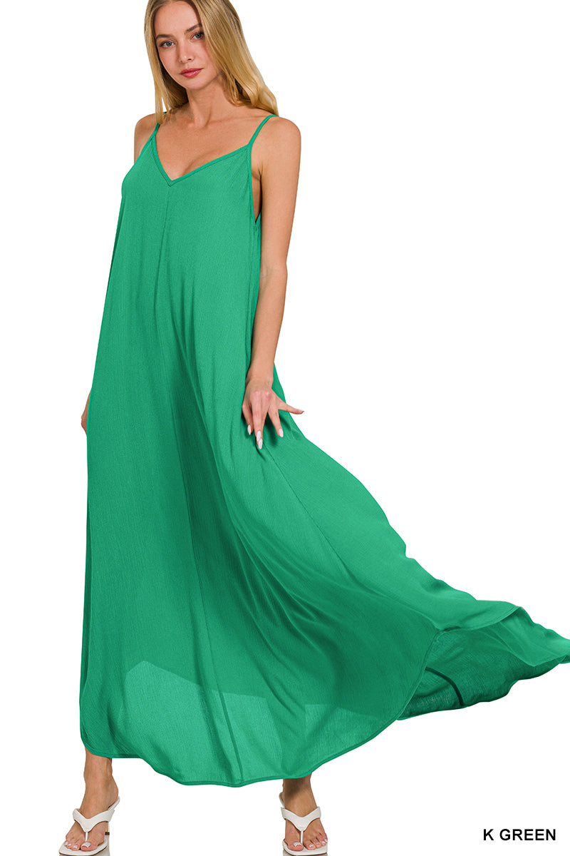 zenana maxi dress Zenana Kelly Green Woven Crinkle Cami Maxi Dress Side Pockets QD-7179Y