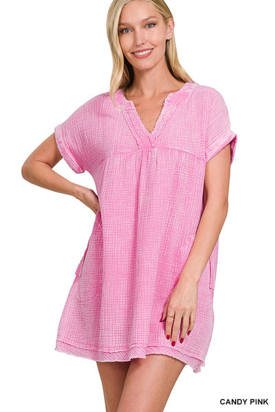 Zenana Washed Double Gauze Raw Edge V-Neck DRESS QDW-1377A