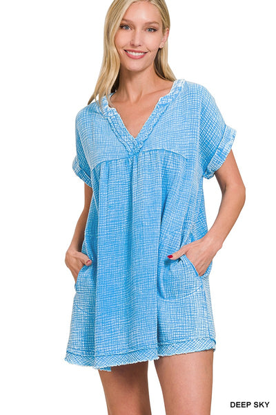 Zenana Washed Double Gauze Raw Edge V-Neck DRESS QDW-1377A
