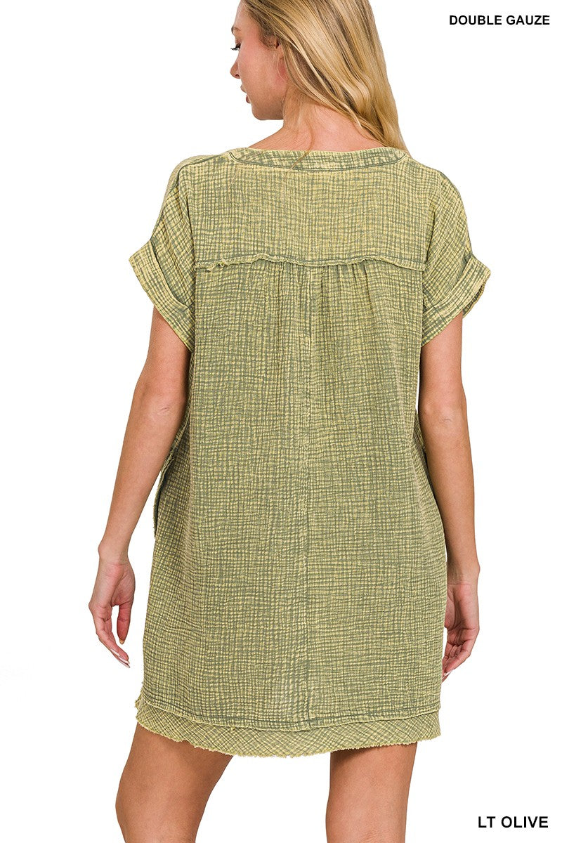Zenana Washed Double Gauze Raw Edge V-Neck DRESS QDW-1377A