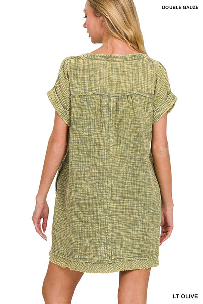 Zenana Washed Double Gauze Raw Edge V-Neck DRESS QDW-1377A