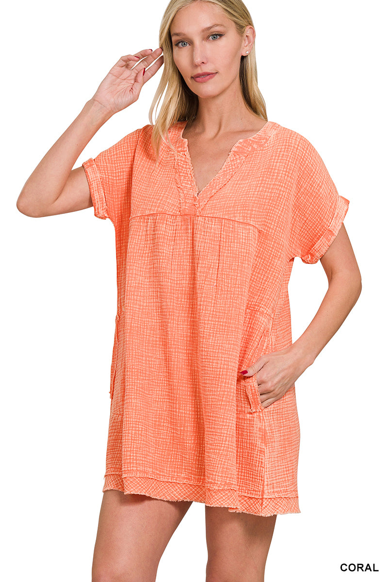 Zenana Washed Double Gauze Raw Edge V-Neck DRESS QDW-1377A