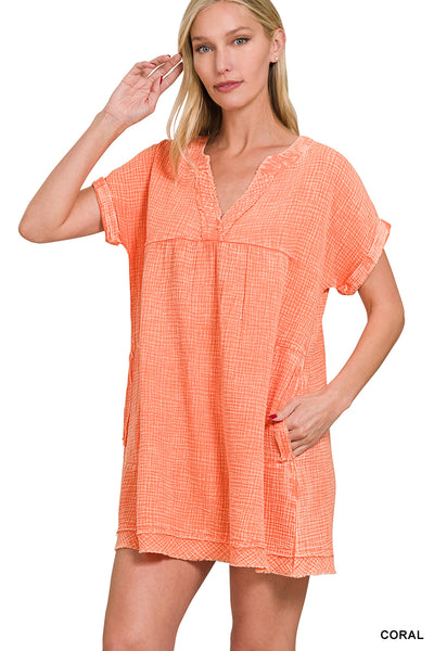 Zenana Washed Double Gauze Raw Edge V-Neck DRESS QDW-1377A