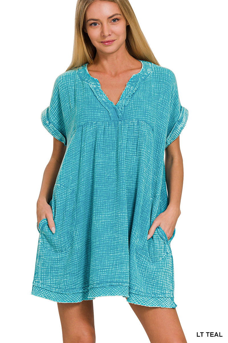 Zenana Washed Double Gauze Raw Edge V-Neck DRESS QDW-1377A