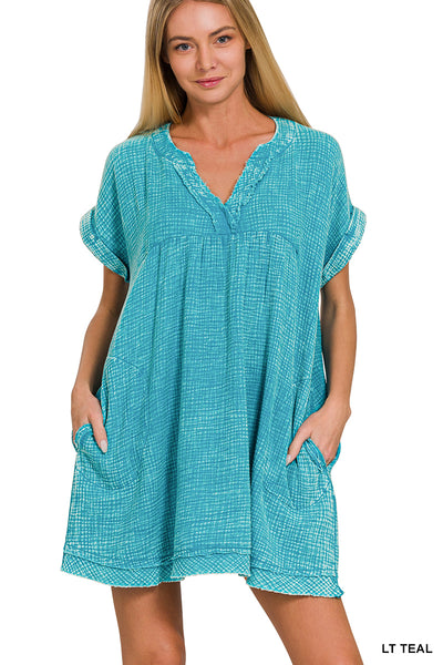 Zenana Washed Double Gauze Raw Edge V-Neck DRESS QDW-1377A