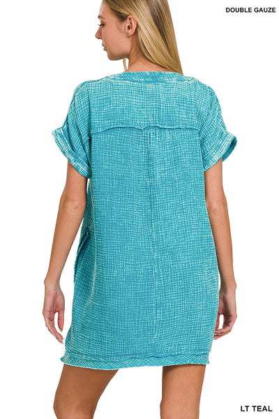 Zenana Washed Double Gauze Raw Edge V-Neck DRESS QDW-1377A