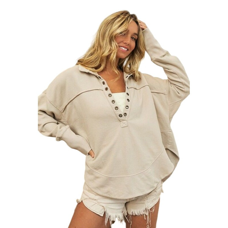 BIBI TAUPE BEIGE VINTAGE WASHED HALF NECK THUMBHOLE CUFF PULLOVER IP8190