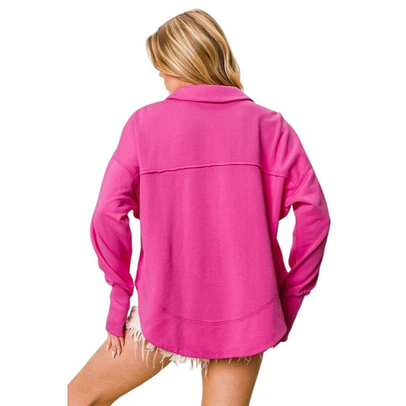 BIBI FUCHSIA PINK VINTAGE WASHED HALF NECK THUMBHOLE CUFF PULLOVER IP8190