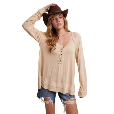 Listicle Textured Panel Button Henley Top LT1135