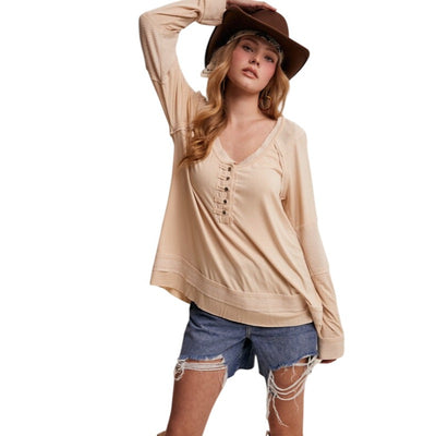 Listicle Textured Panel Button Henley Top LT1135