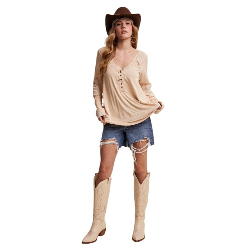 Listicle Textured Panel Button Henley Top LT1135