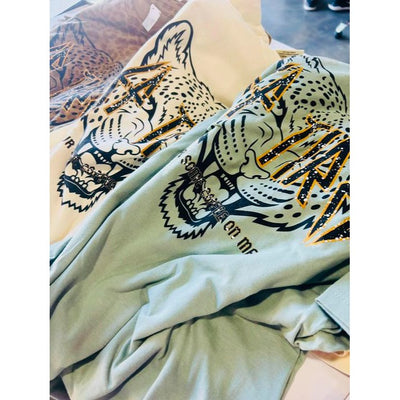 Sage Green Short Sleeve - Def Tired - Pour Some Coffee on Me Cheetah Graphic