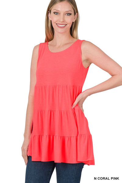 Zenana New Coral Pink Sleeveless Tiered Ruffled Tunic Top RT-3135AB
