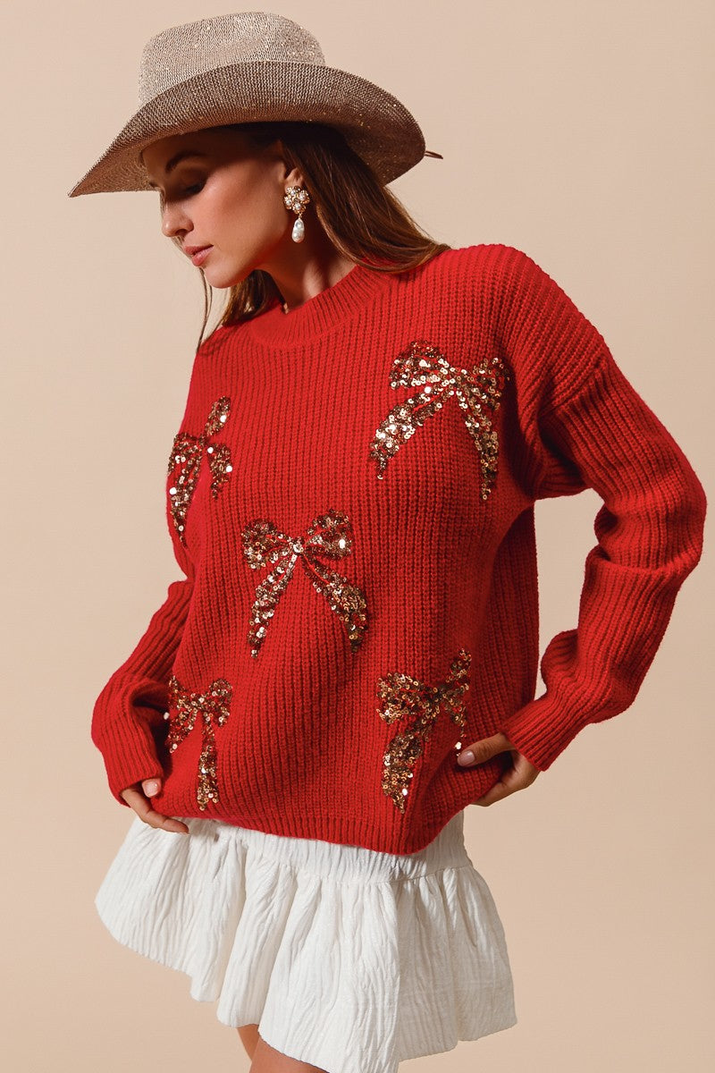 SO ME All Over Ribbon Sequins Christmas Holiday Sweater ST1779