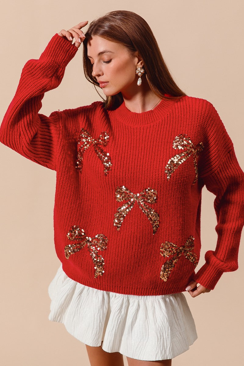 SO ME All Over Ribbon Sequins Christmas Holiday Sweater ST1779
