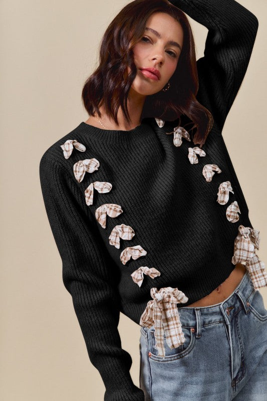 SO ME Checkered Plaid Tape Lace Up Sweater Top  ST2934