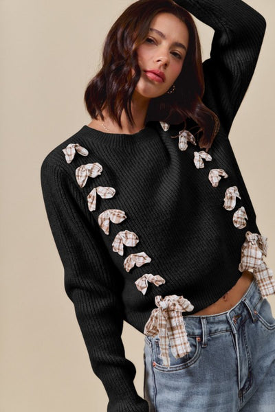 SO ME Checkered Plaid Tape Lace Up Sweater Top  ST2934