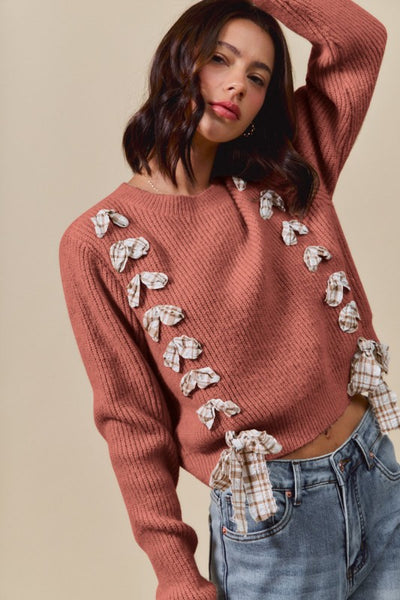 SO ME Checkered Plaid Tape Lace Up Sweater Top  ST2934