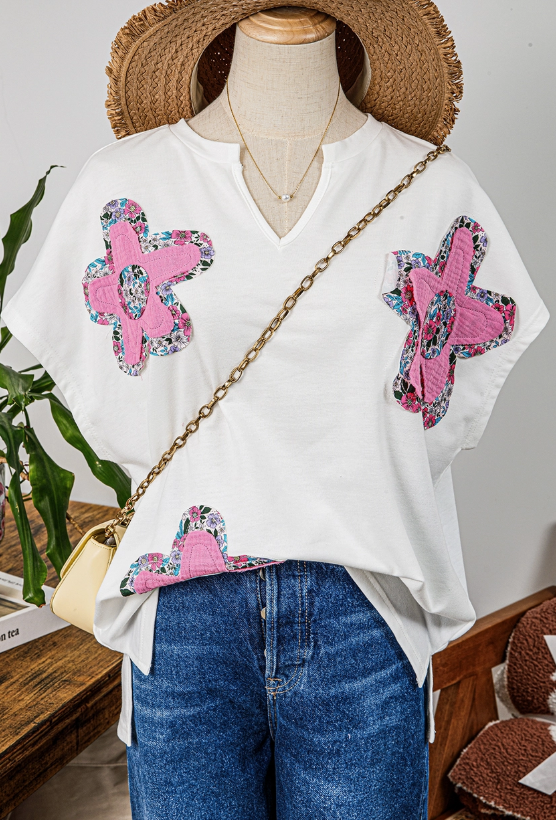 Floral Applique Notched V Neck Dolman Sleeve Top FW25226714-P1