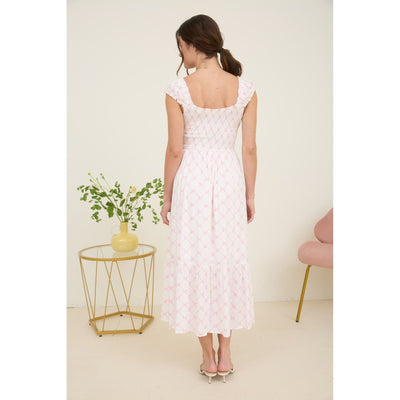 Blu Pepper Bow Pattern Ruched Sleeve Smocked Midi Dress CR2578 dalia + jade Blu Pepper Bow Pattern Ruched Sleeve Smocked Midi Dress CR2578 dalia + jade