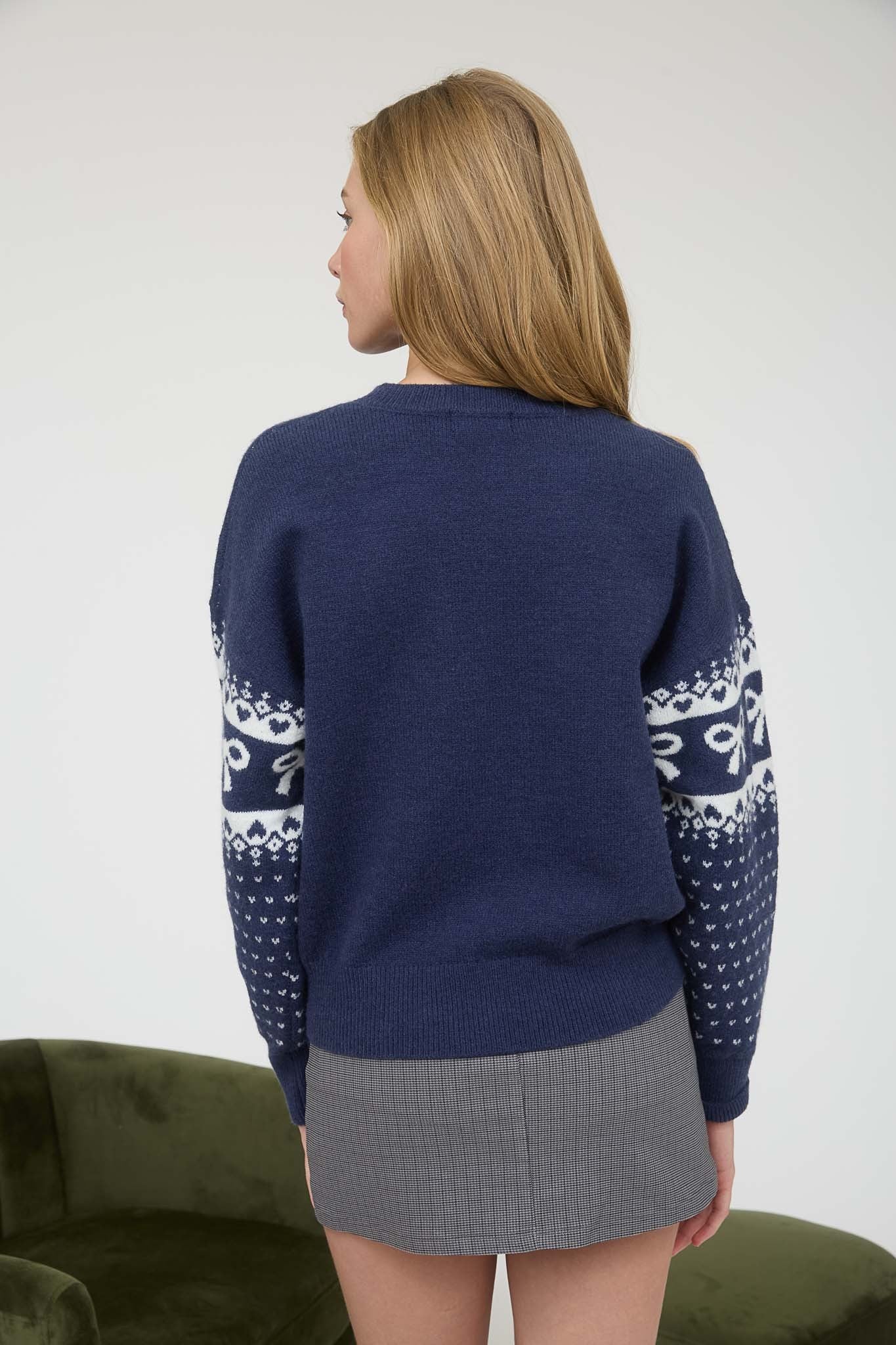 The Workshop Bow And Heart Jacquard Knit Pullover Sweater TW1965