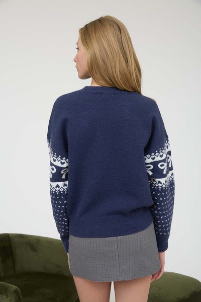 The Workshop Bow And Heart Jacquard Knit Pullover Sweater TW1965