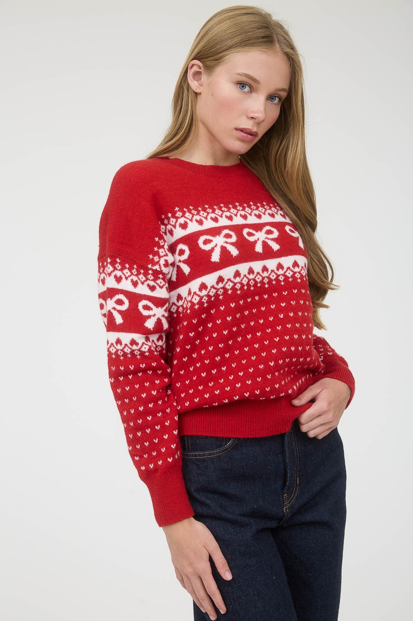 The Workshop Bow And Heart Jacquard Knit Pullover Sweater TW1965
