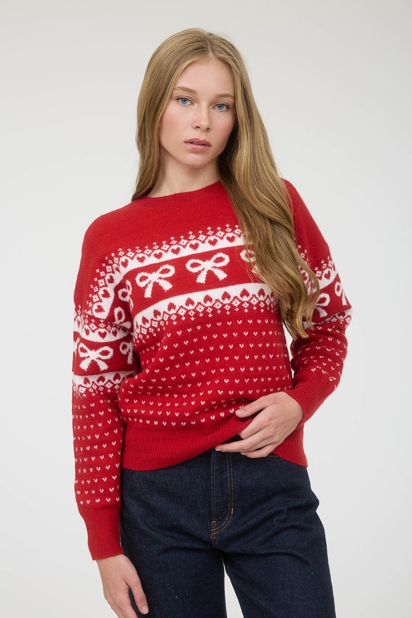 The Workshop Bow And Heart Jacquard Knit Pullover Sweater TW1965