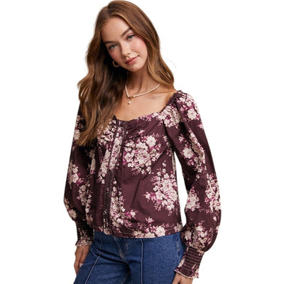 Listicle Floral Puff Sleeve Red Bean Purple Blouse LT1380