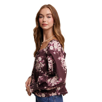 Listicle Floral Puff Sleeve Red Bean Purple Blouse LT1380