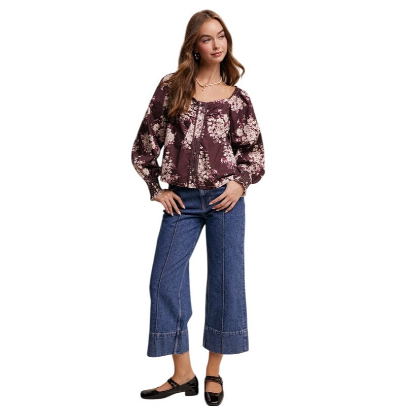 Listicle Floral Puff Sleeve Red Bean Purple Blouse LT1380