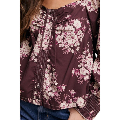 Listicle Floral Puff Sleeve Red Bean Purple Blouse LT1380