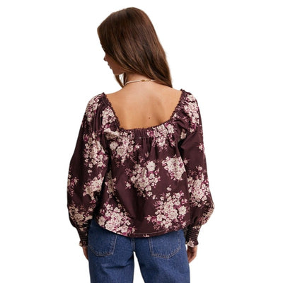 Listicle Floral Puff Sleeve Red Bean Purple Blouse LT1380