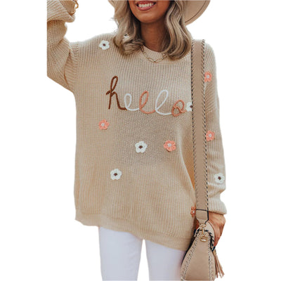 Hello Floral Embroidered Knit Loose Tan Sweater LC2724918