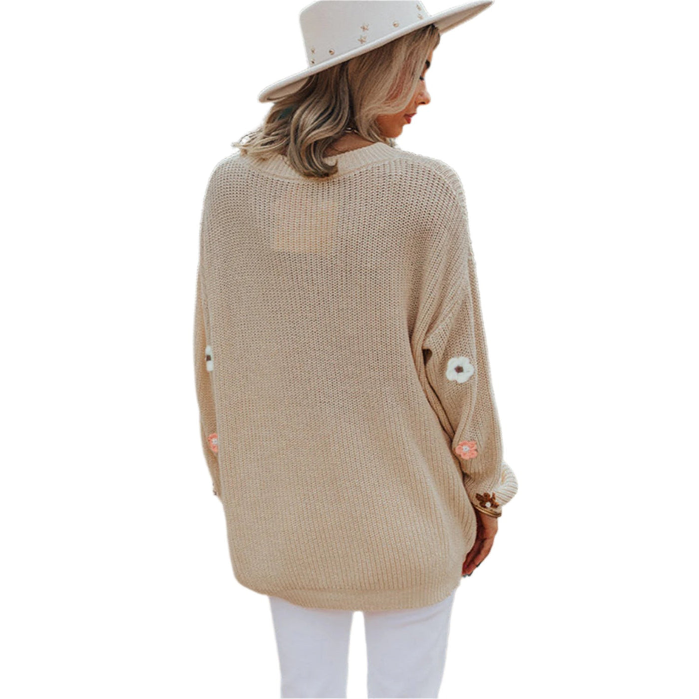 Hello Floral Embroidered Knit Loose Tan Sweater LC2724918